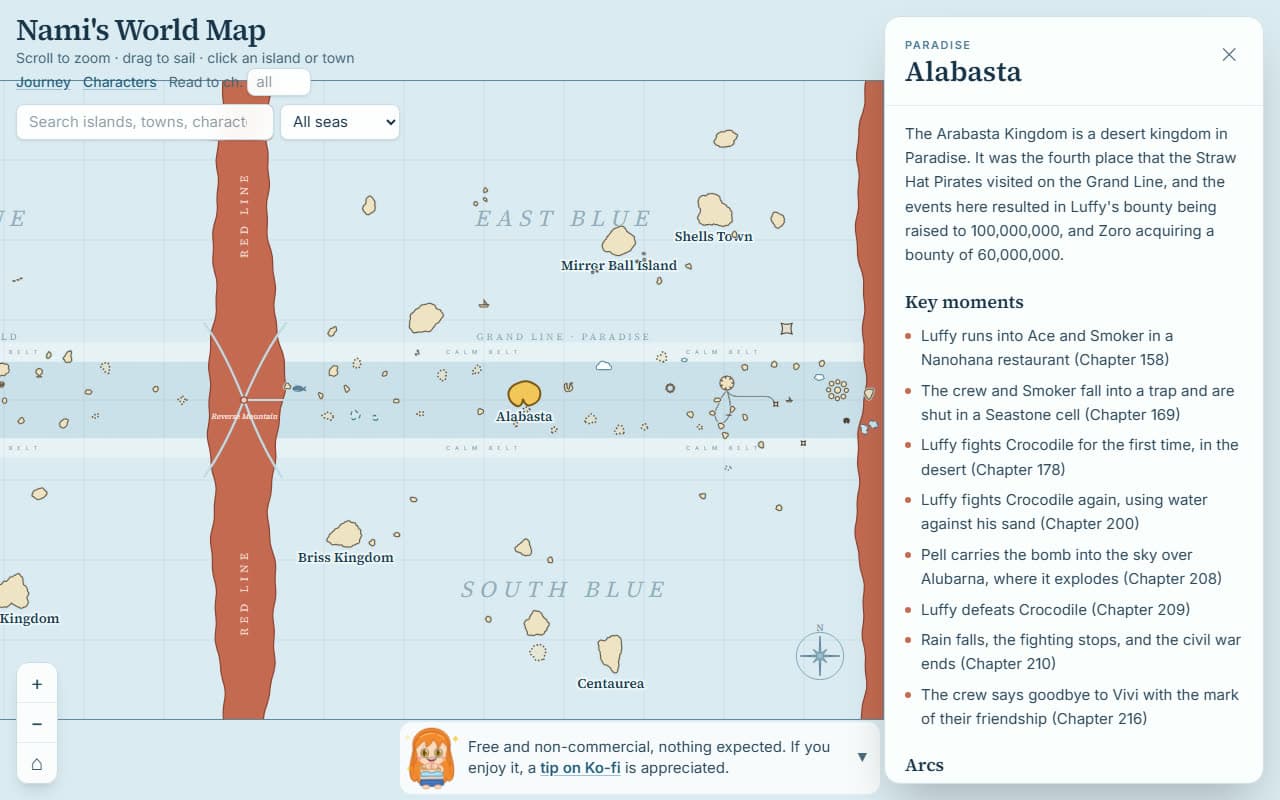 Nami's World Map: the nautical chart with Alabasta selected and its story panel open.